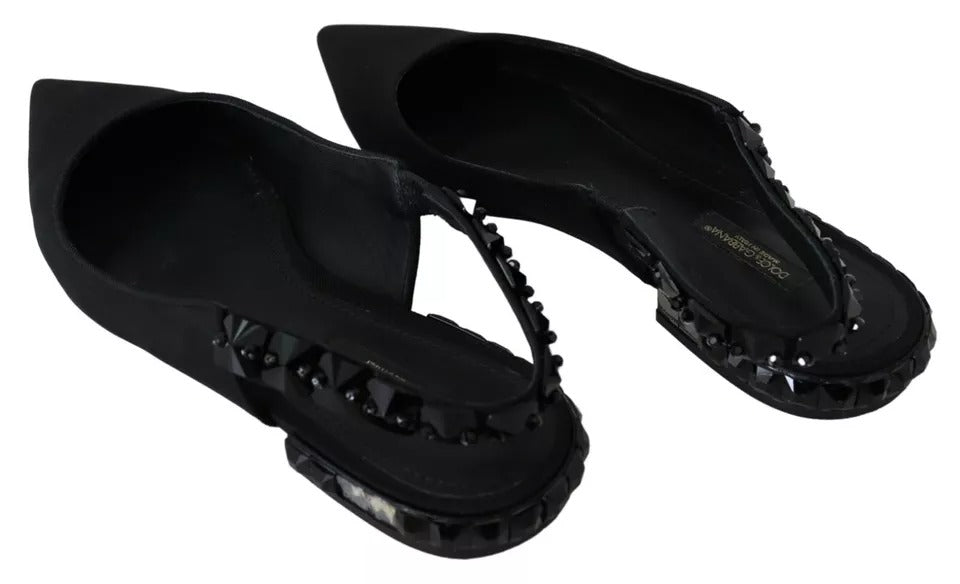 Dolce & Gabbana – Schwarze flache Schuhe mit Slingback-Charmeuse und Kristallen