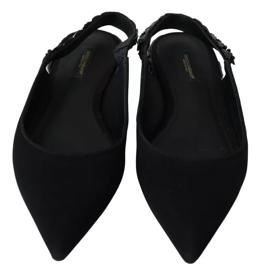 Dolce & Gabbana – Schwarze flache Schuhe mit Slingback-Charmeuse und Kristallen