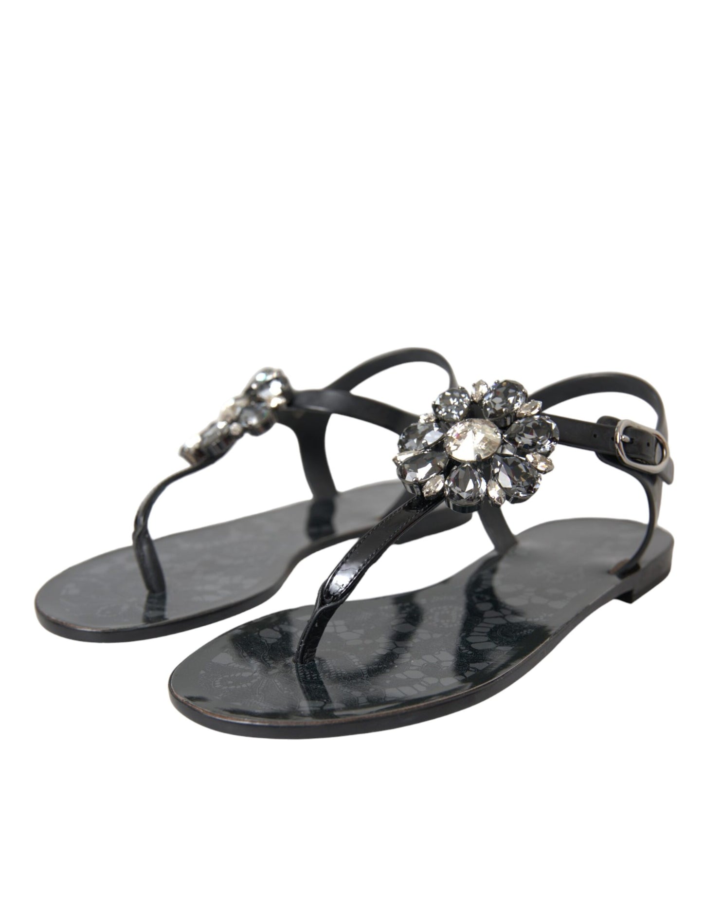 Dolce & Gabbana Schwarze Kristall Flats Sandalen Flip Flops Schuhe