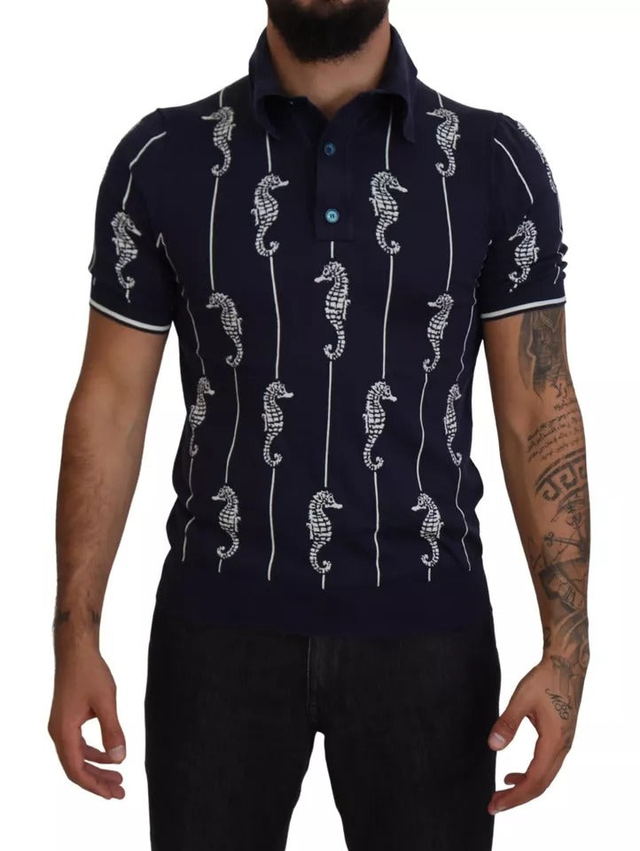 Dolce & Gabbana – Dunkelblaues Polo-T-Shirt mit Seepferdchen-Kragen