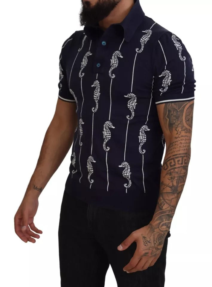 Dolce & Gabbana – Dunkelblaues Polo-T-Shirt mit Seepferdchen-Kragen