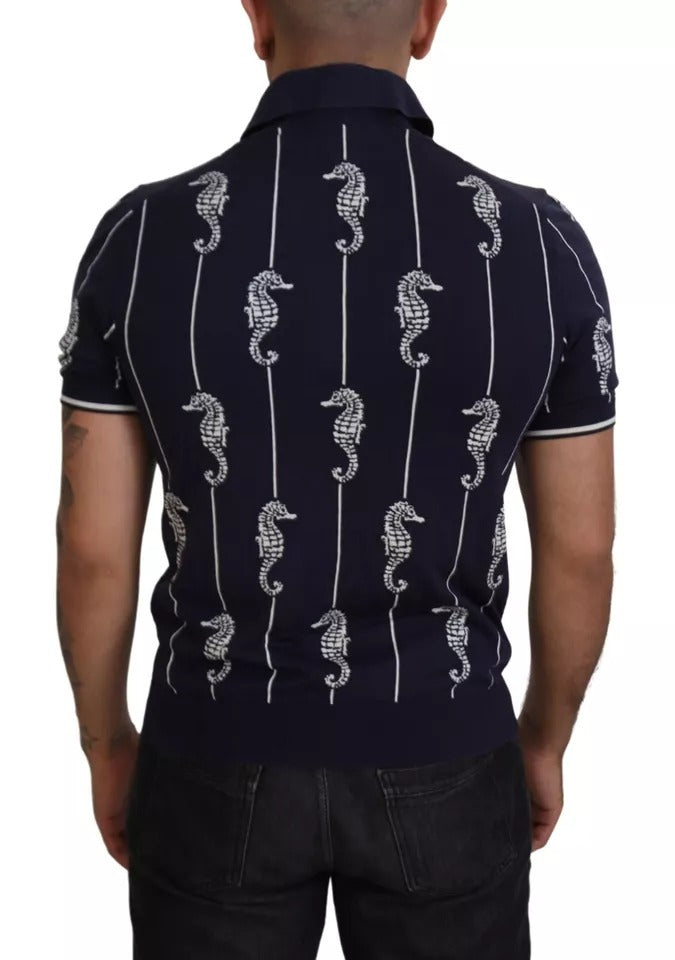Dolce & Gabbana – Dunkelblaues Polo-T-Shirt mit Seepferdchen-Kragen