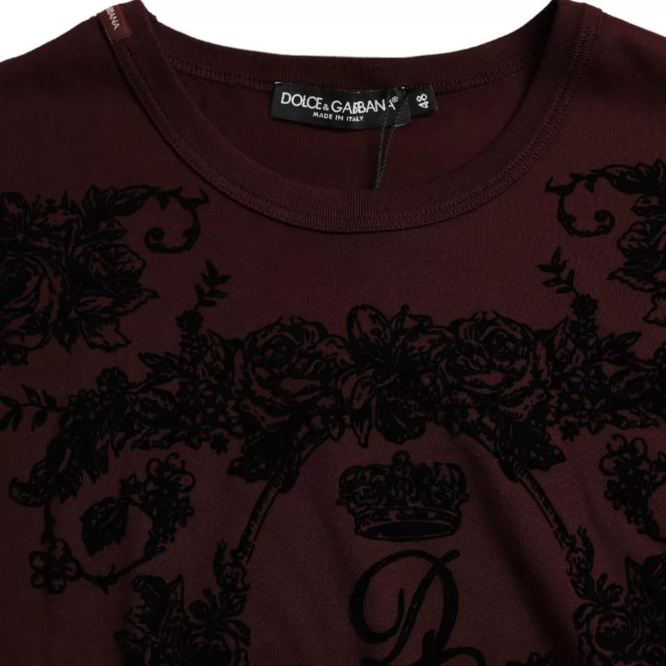 Dolce & Gabbana – T-Shirt mit Rundhalsausschnitt und Blumenmuster in Dunkelbraun mit DG-Krone für Herren