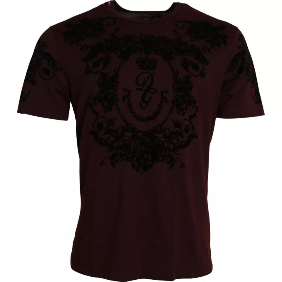Dolce & Gabbana – T-Shirt mit Rundhalsausschnitt und Blumenmuster in Dunkelbraun mit DG-Krone für Herren