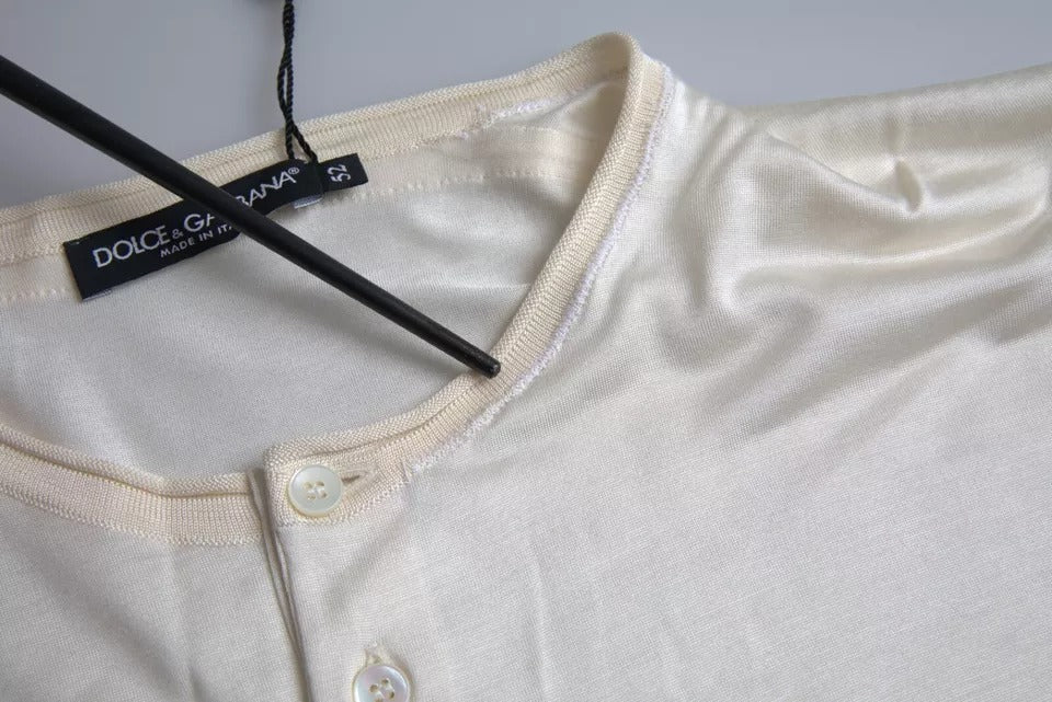Dolce & Gabbana – Weißes, kurzes Seiden-T-Shirt mit Knopfverschluss