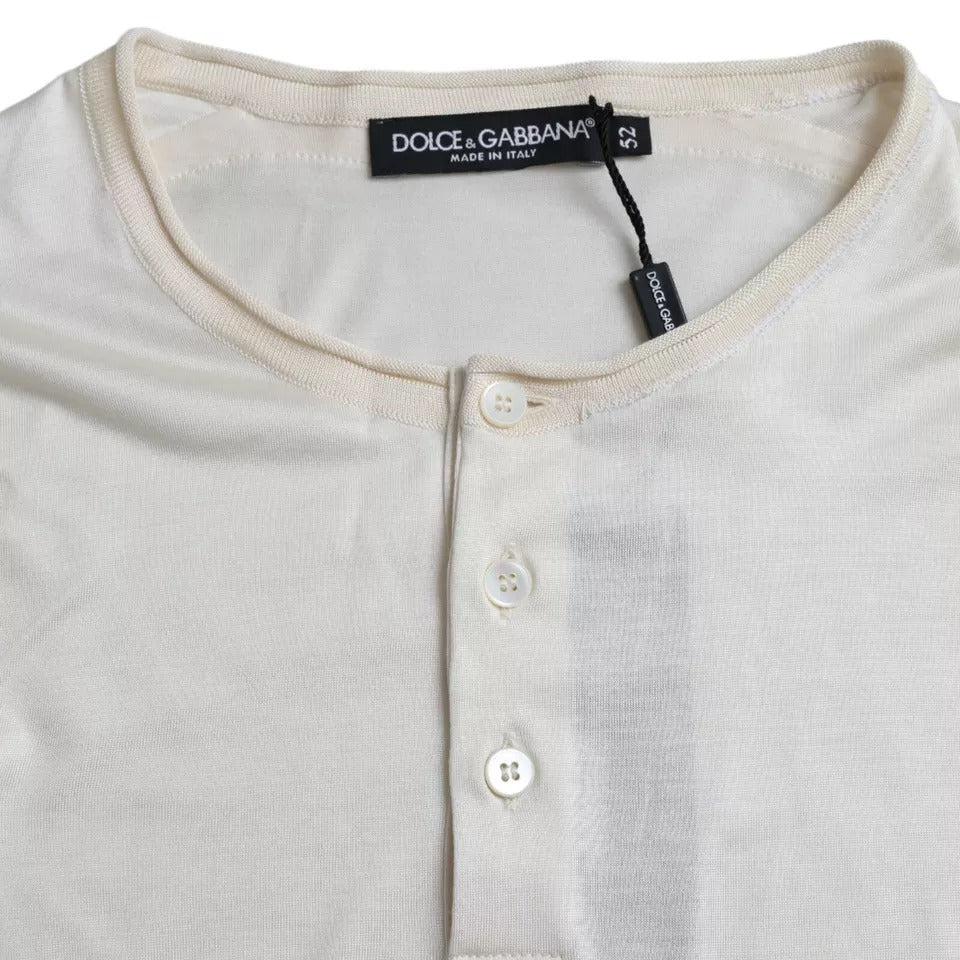 Dolce & Gabbana – Weißes, kurzes Seiden-T-Shirt mit Knopfverschluss