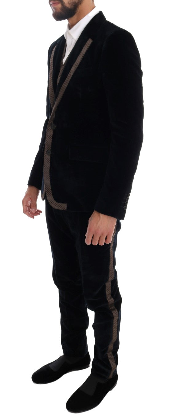 Abito slim a 3 pezzi in velluto blu a due bottoni