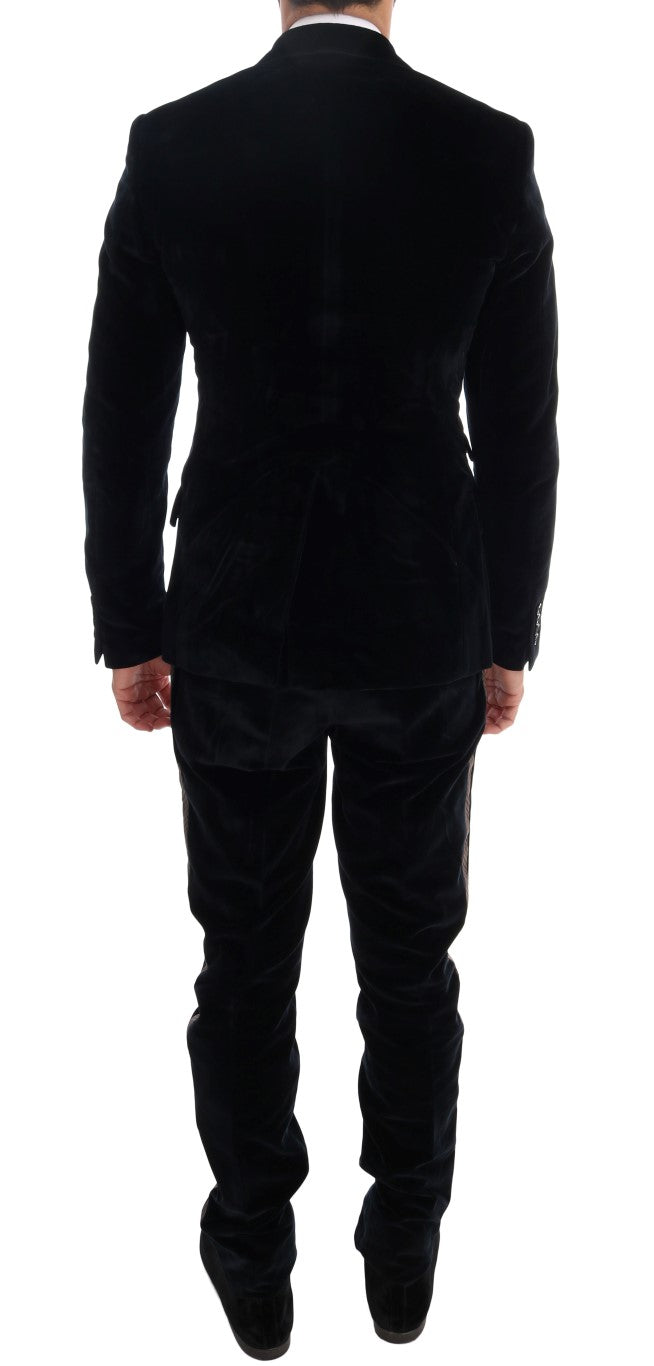 Abito slim a 3 pezzi in velluto blu a due bottoni