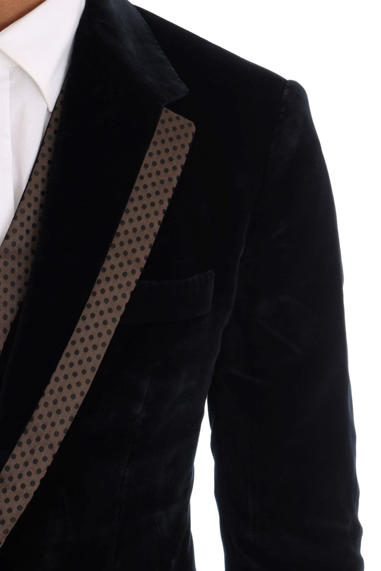 Abito slim a 3 pezzi in velluto blu a due bottoni