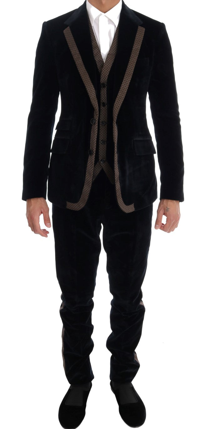 Abito slim a 3 pezzi in velluto blu a due bottoni