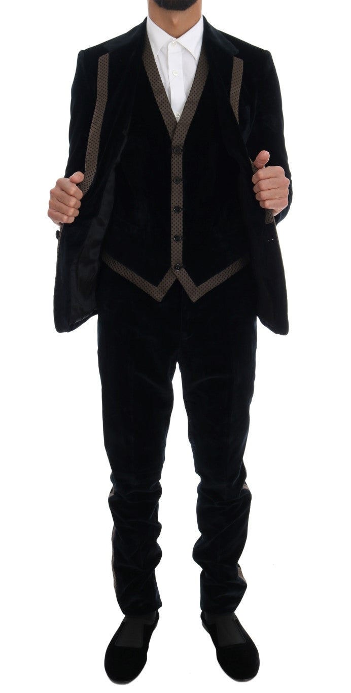 Abito slim a 3 pezzi in velluto blu a due bottoni