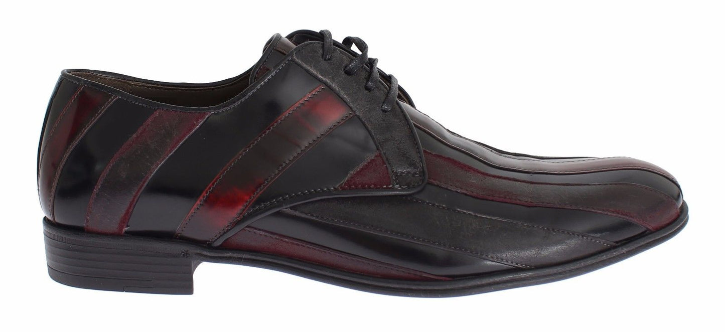 Dolce & Gabbana Elegante Schwarze Bordeaux Gestreifte Leder Schnürschuhe