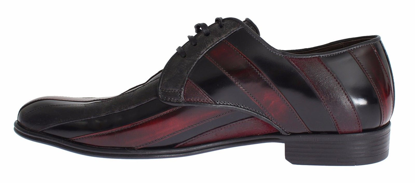 Dolce & Gabbana Elegante Schwarze Bordeaux Gestreifte Leder Schnürschuhe