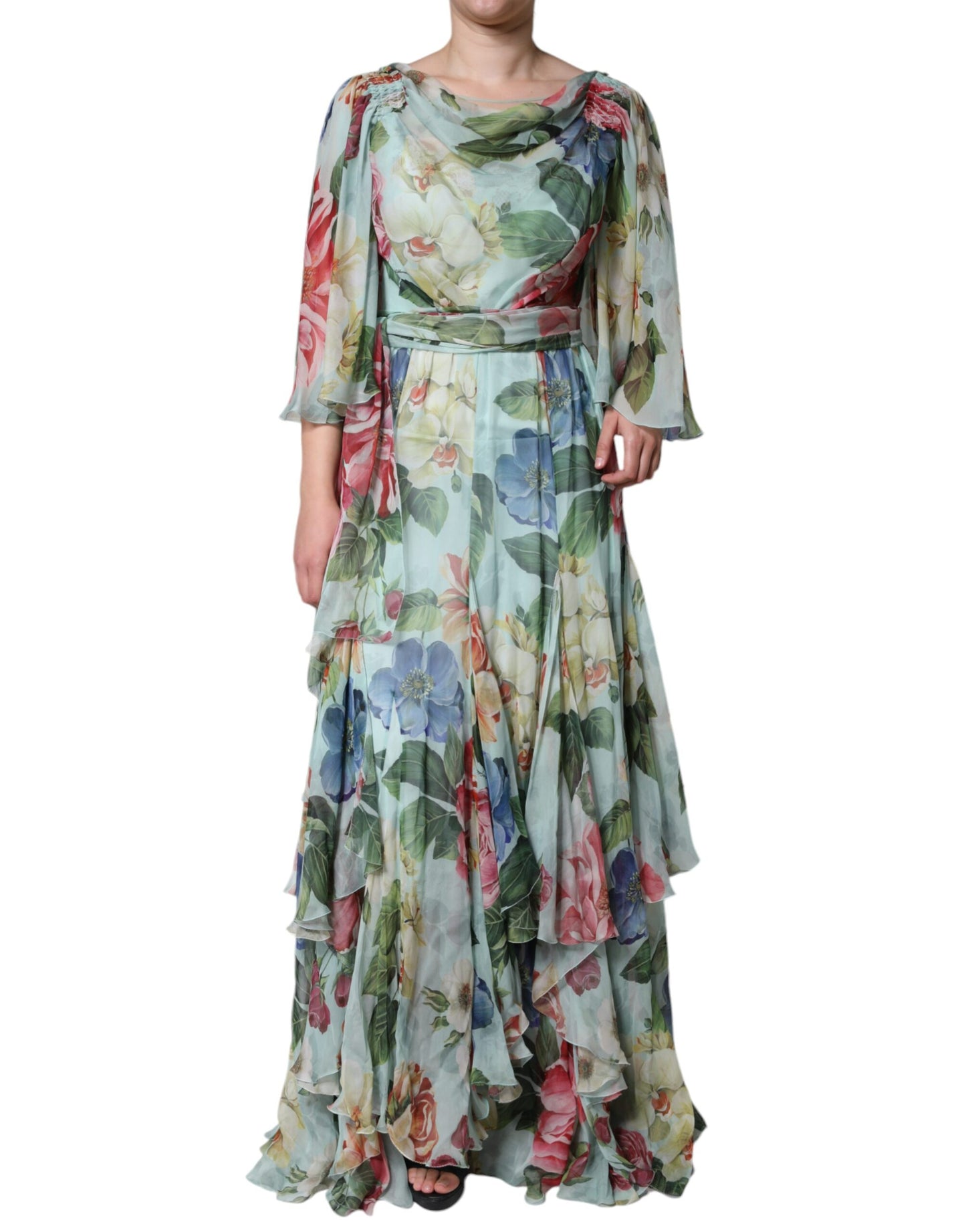Dolce & Gabbana – Langes Seidenkleid mit mehrfarbigem Blumenmuster