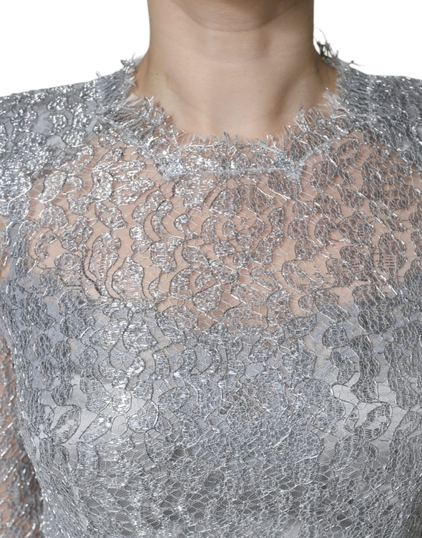 Dolce & Gabbana – Figurbetontes Midikleid aus silberner Blumenspitze