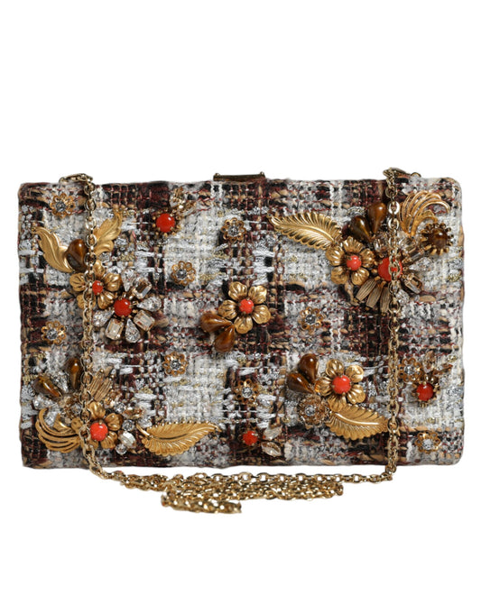 Dolce & Gabbana – Mehrfarbige Clutch aus Tweed mit Blumenmuster, Umhängetasche