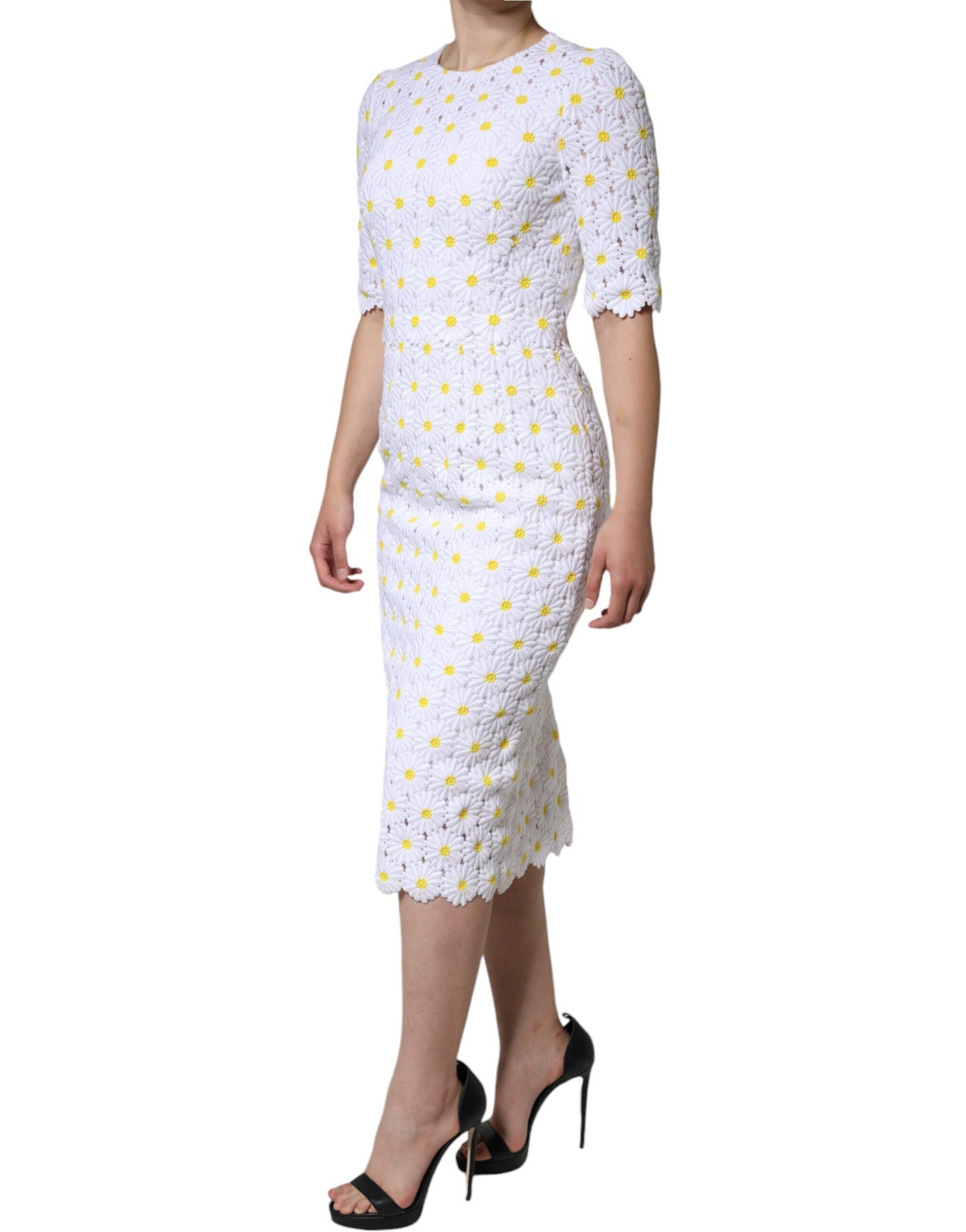 Dolce & Gabbana – Weißes Midi-Etuikleid aus Gänseblümchen-Makramee-Spitze