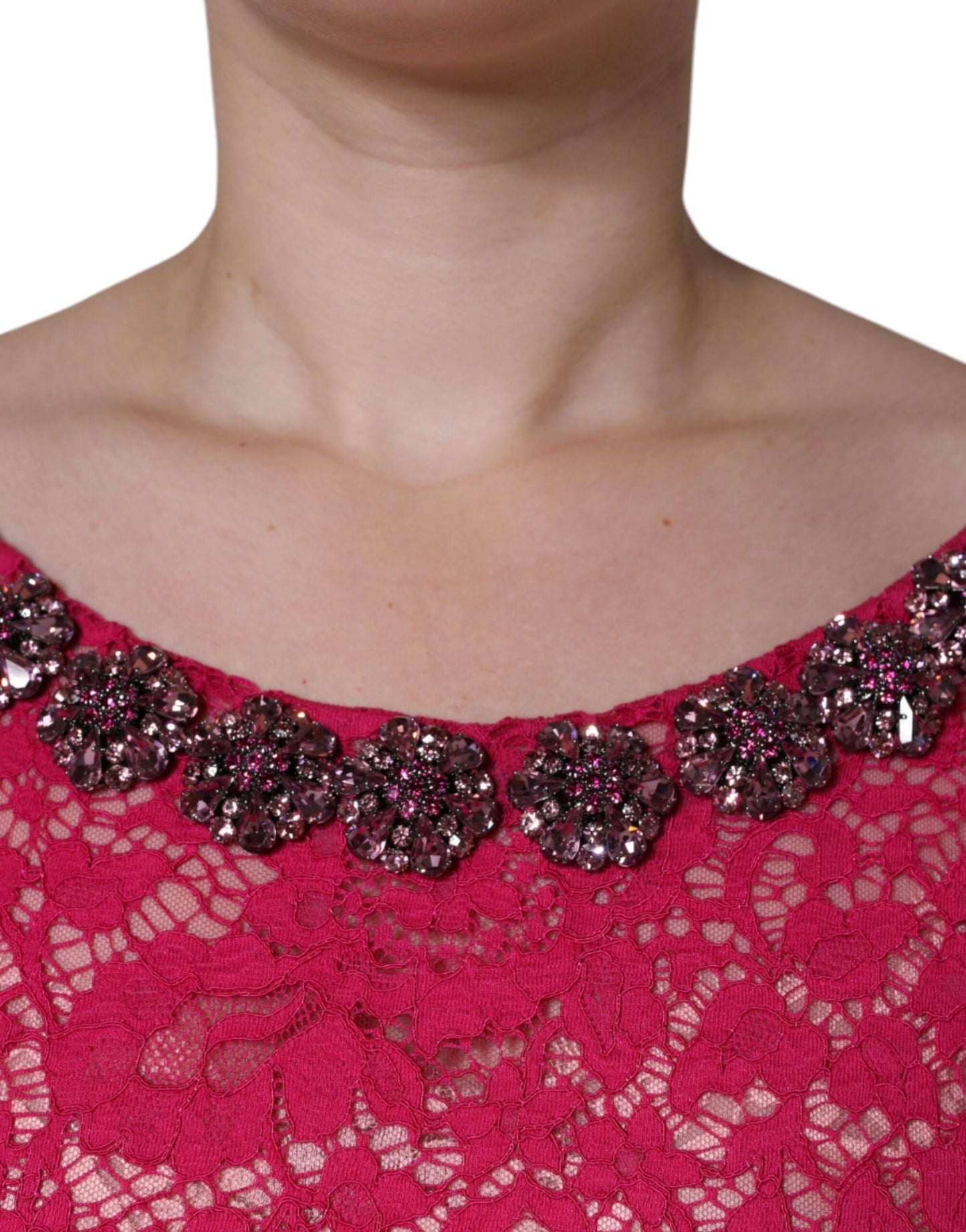Dolce & Gabbana – Langes Etuikleid aus Spitze und Kristallen in Rosa