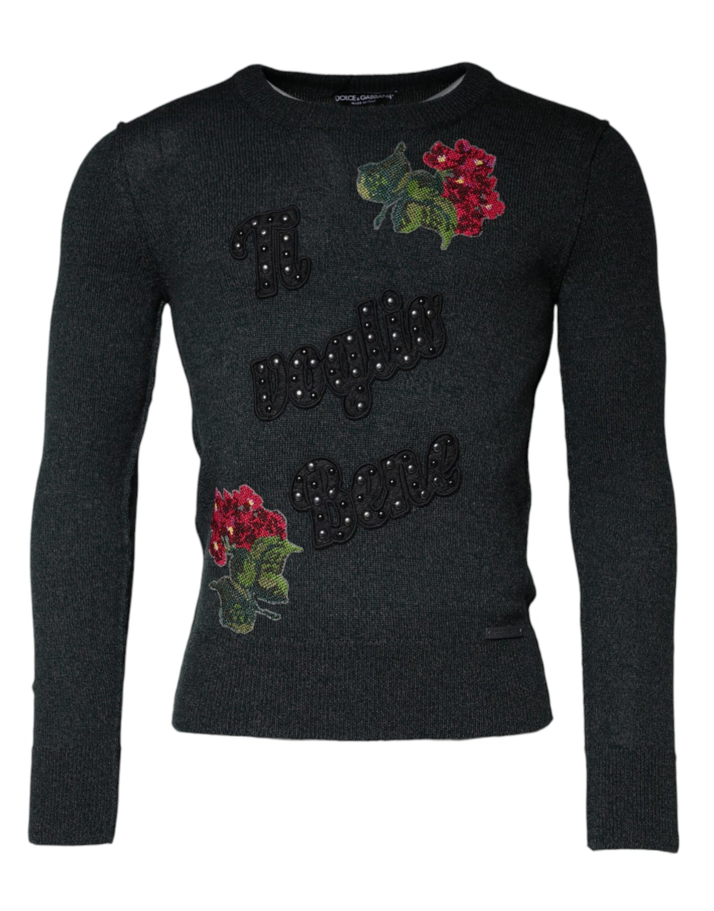 Dolce & Gabbana – Grauer Pullover mit Rundhalsausschnitt und Verzierung