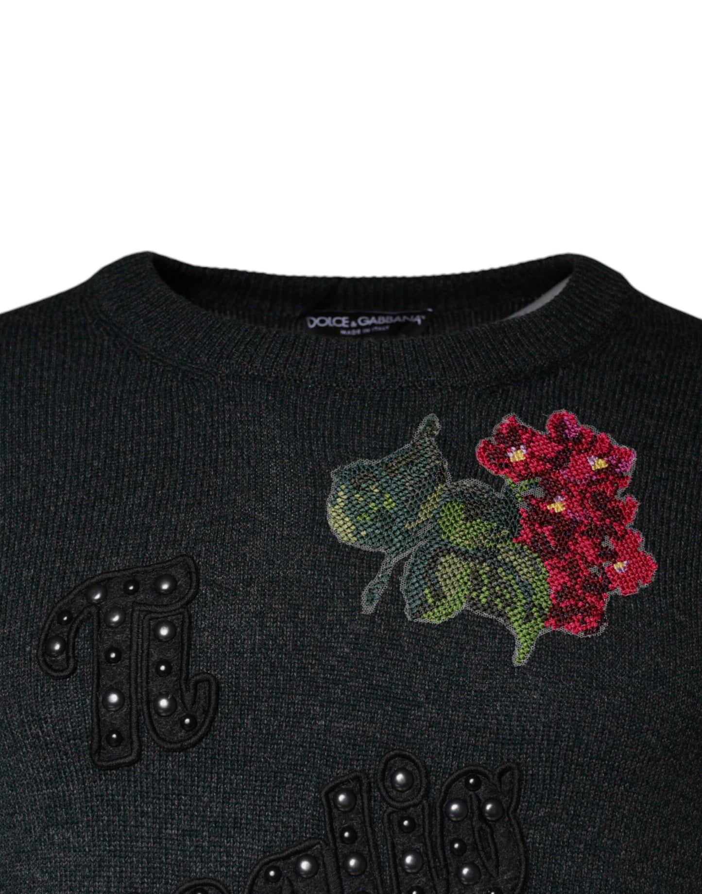Dolce & Gabbana – Grauer Pullover mit Rundhalsausschnitt und Verzierung