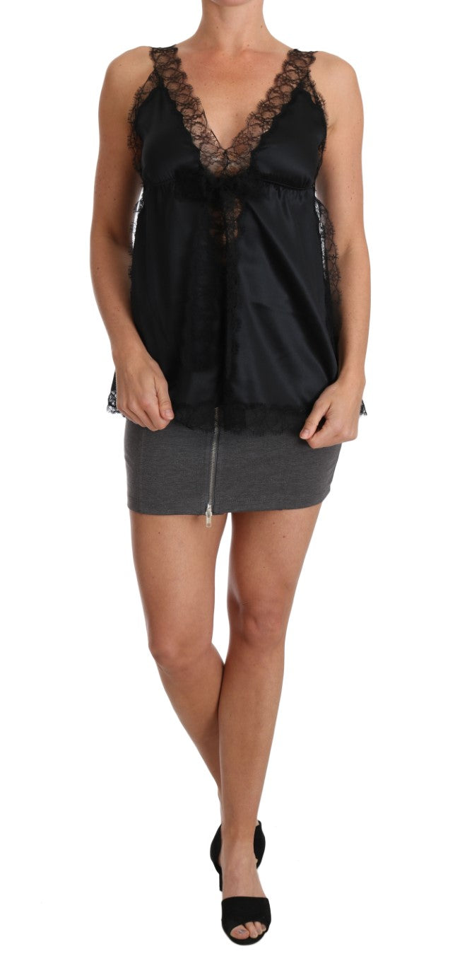 Camisola de lencería elástica de seda de encaje negro