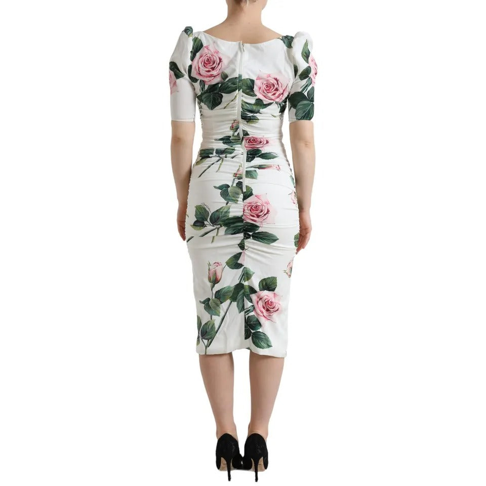 Dolce & Gabbana – Plisseekleid aus Stretch-Seide mit weißem Rosen-Print