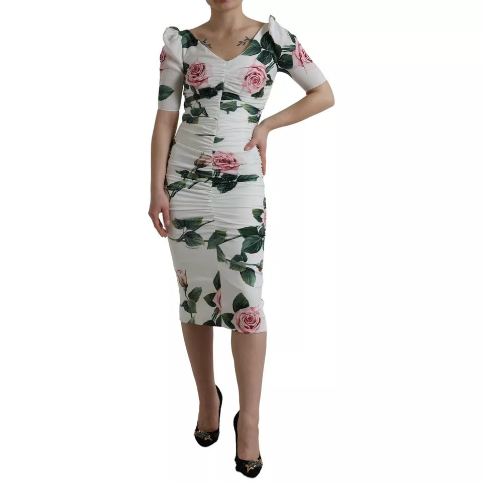 Dolce & Gabbana – Plisseekleid aus Stretch-Seide mit weißem Rosen-Print