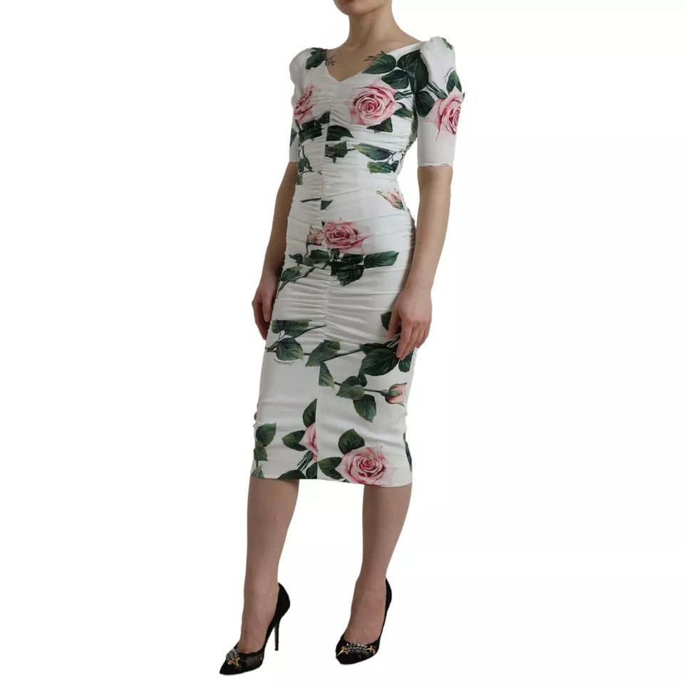 Dolce & Gabbana – Plisseekleid aus Stretch-Seide mit weißem Rosen-Print