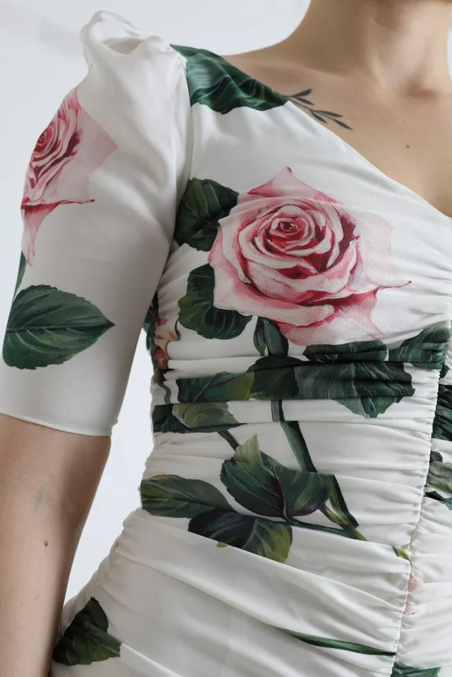 Dolce & Gabbana – Plisseekleid aus Stretch-Seide mit weißem Rosen-Print