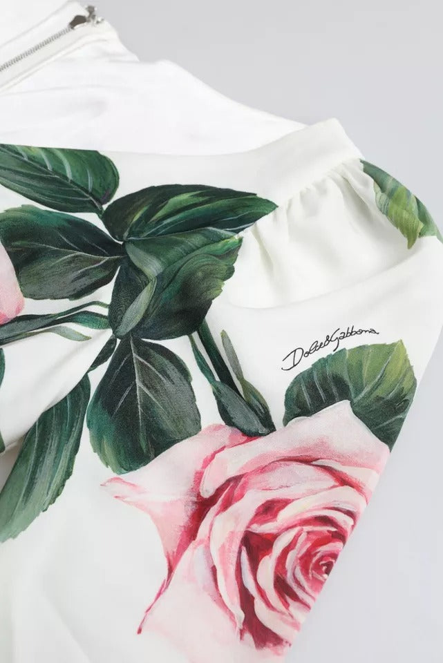 Dolce & Gabbana – Plisseekleid aus Stretch-Seide mit weißem Rosen-Print