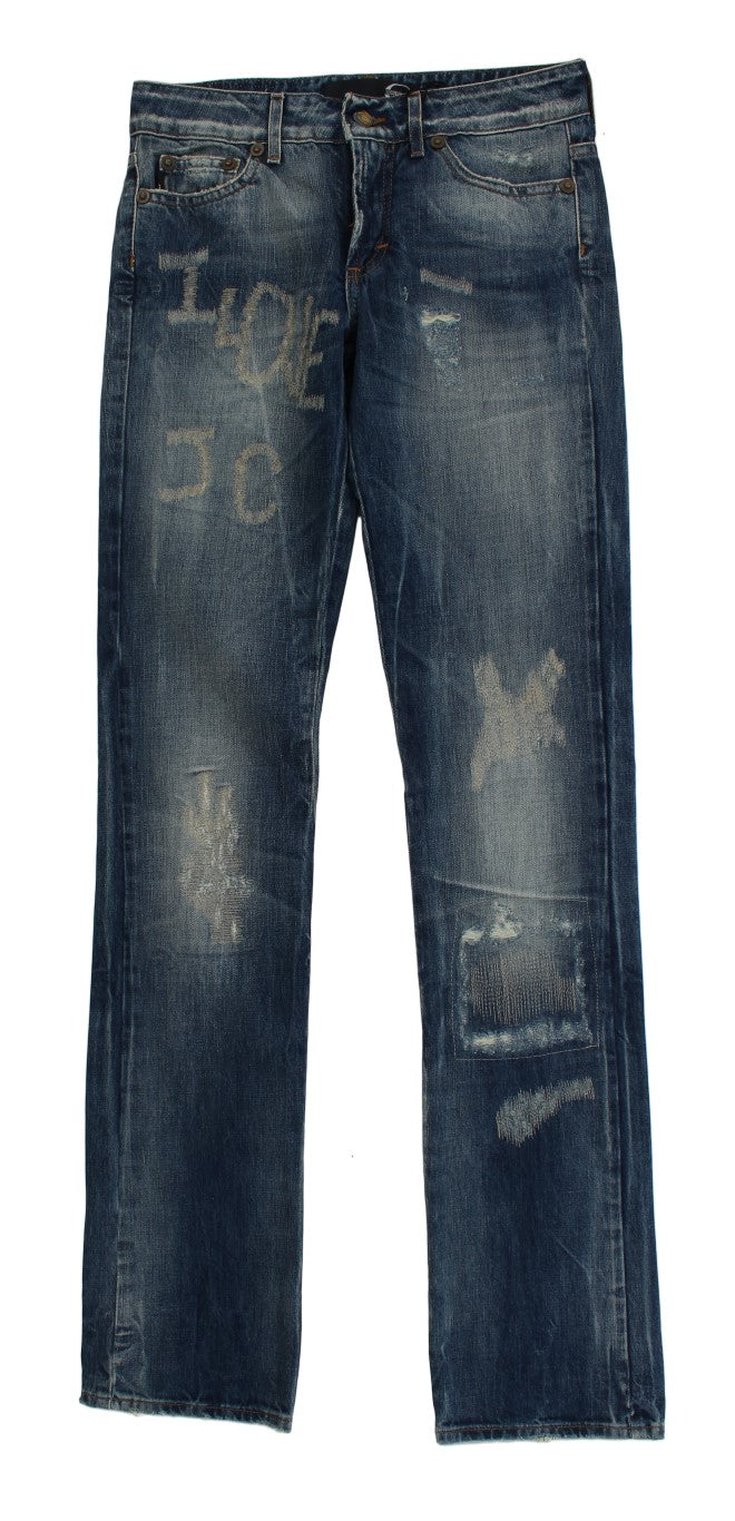 Jeans dal taglio dritto in cotone strappato lavato blu