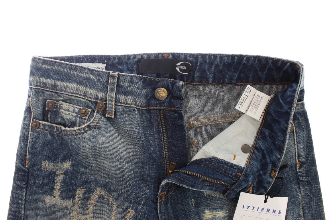 Jeans dal taglio dritto in cotone strappato lavato blu