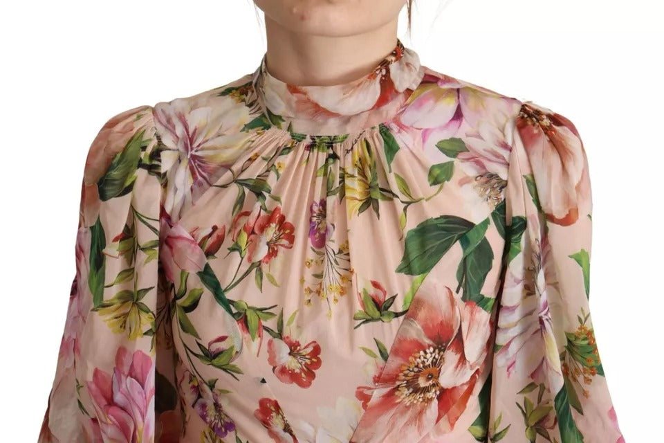 Dolce & Gabbana – Langes Etuikleid in A-Linie mit Blumenmuster und Schleife in Rosa