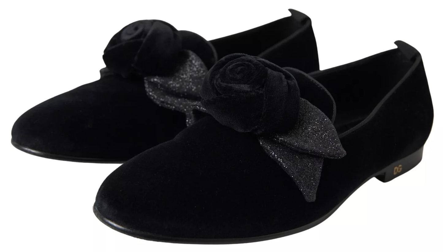 Dolce & Gabbana Schwarze Samt-Flats mit Schleife, Young Queen-Schuhe