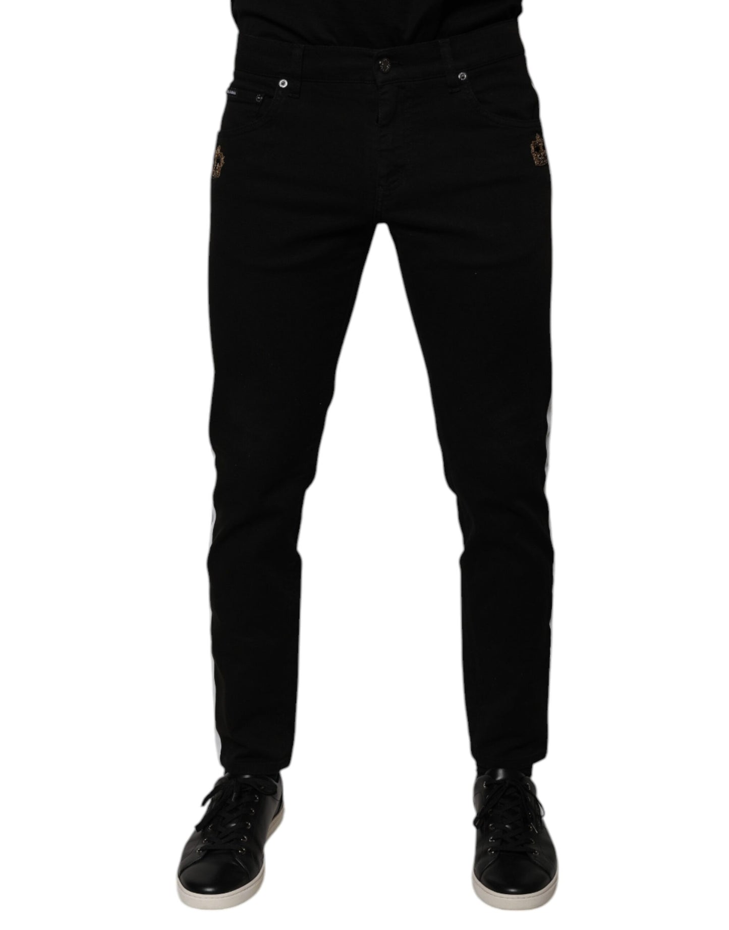 Dolce & Gabbana – Schwarze, Röhrenjeans mit Krone und weißem Futter