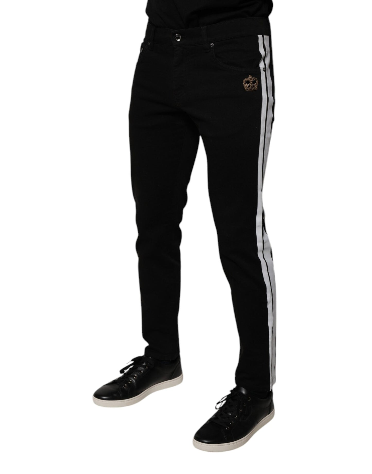 Dolce & Gabbana – Schwarze, Röhrenjeans mit Krone und weißem Futter