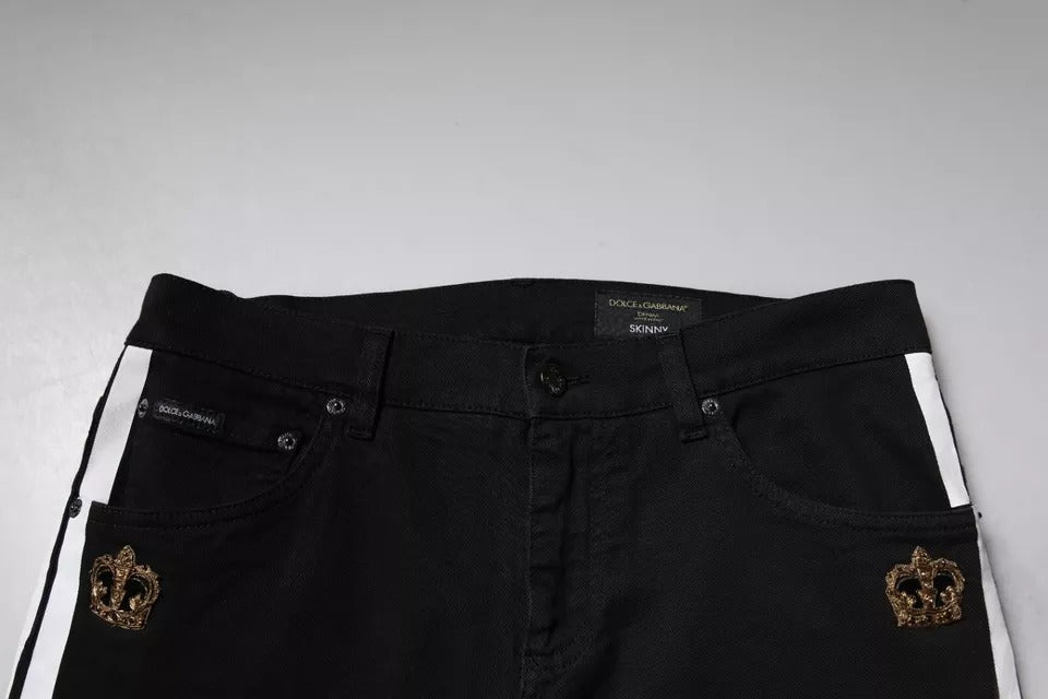 Dolce & Gabbana – Schwarze, Röhrenjeans mit Krone und weißem Futter