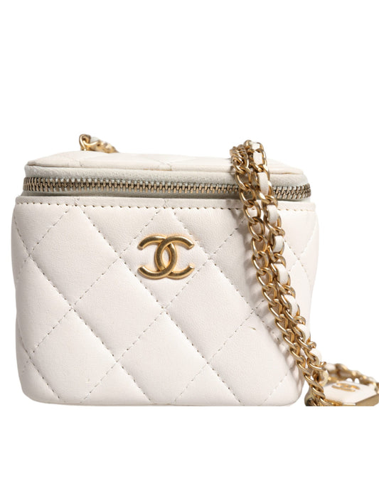Miroir de vanité Chanel en cuir d'agneau matelassé blanc avec chaîne dorée