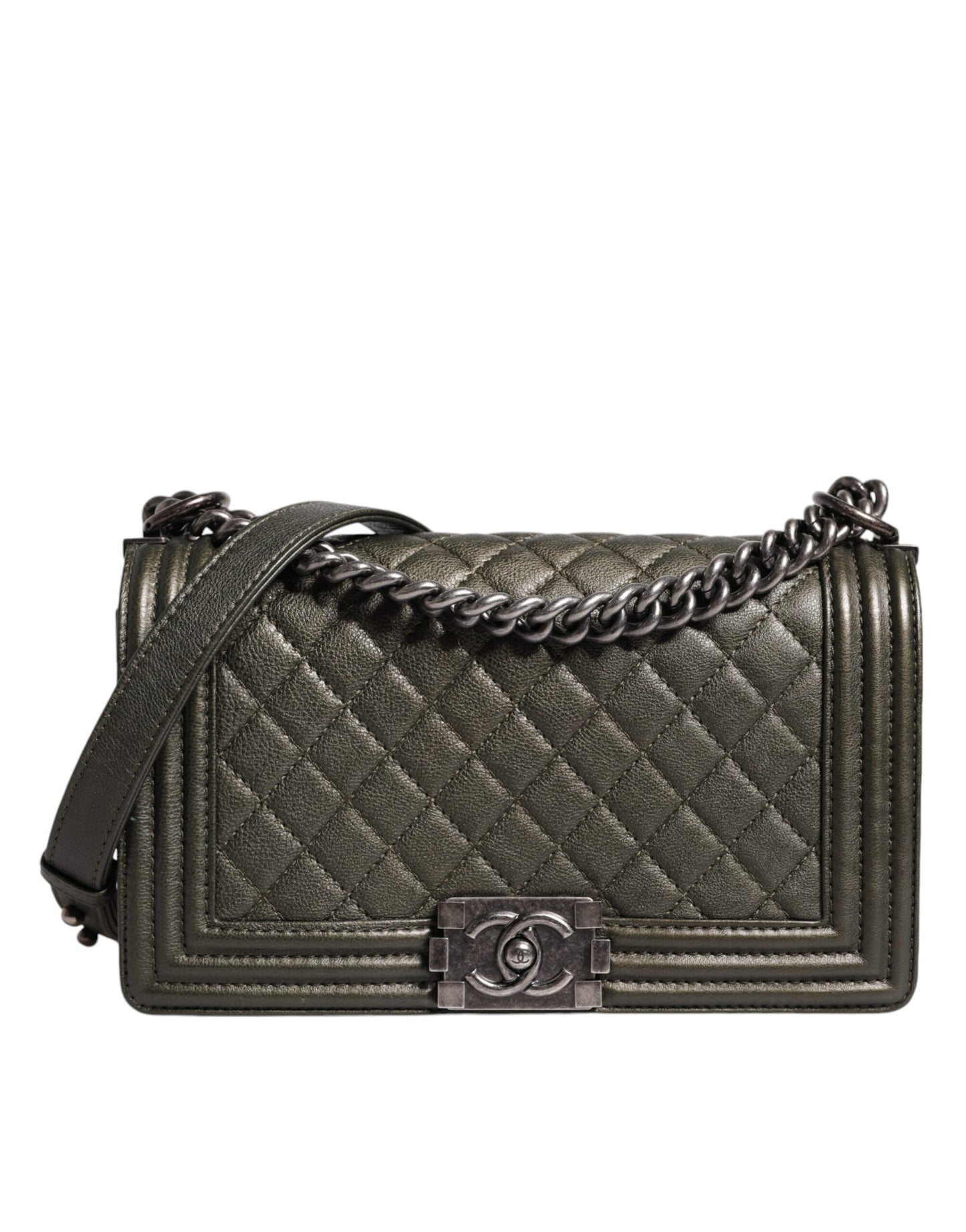 Sac à épaule en cuir vert foncé Chanel, sac à main en métal gris