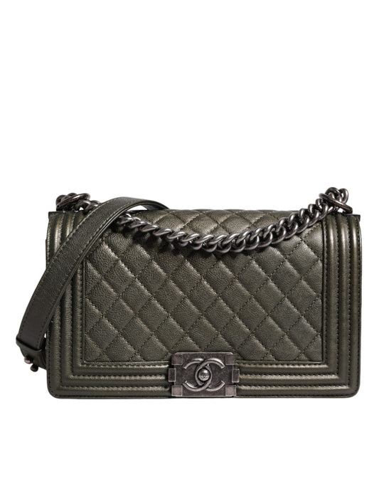 Sac à épaule en cuir vert foncé Chanel, sac à main en métal gris