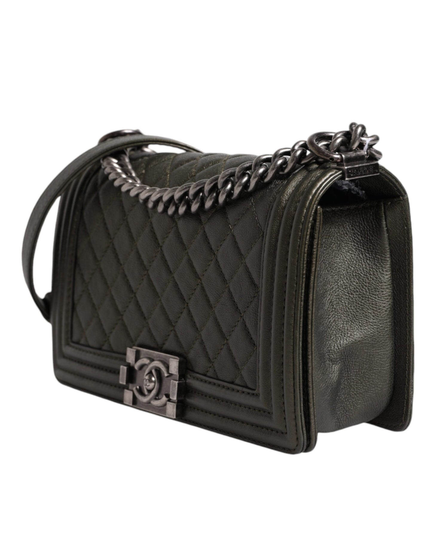 Sac à épaule en cuir vert foncé Chanel, sac à main en métal gris