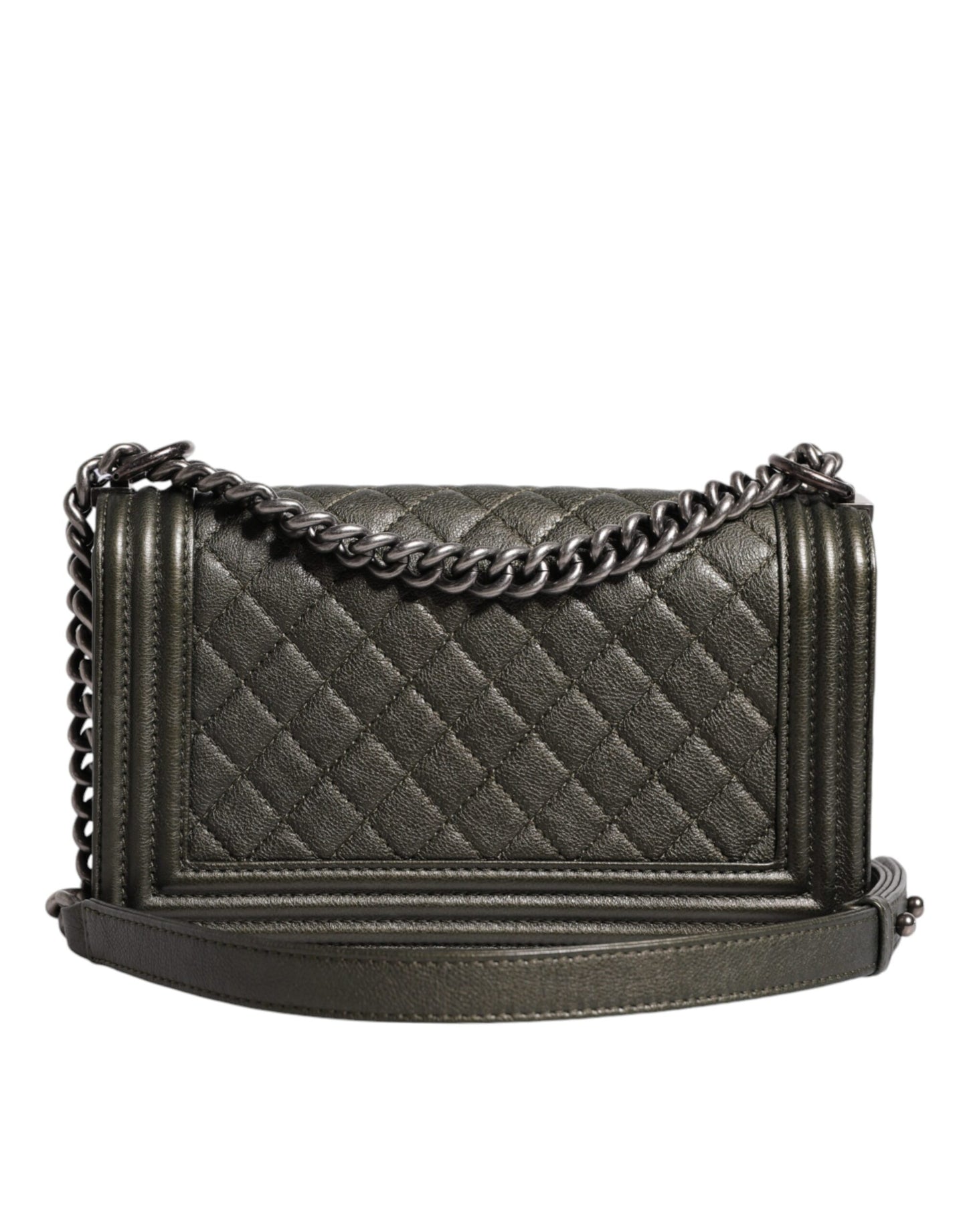 Sac à épaule en cuir vert foncé Chanel, sac à main en métal gris