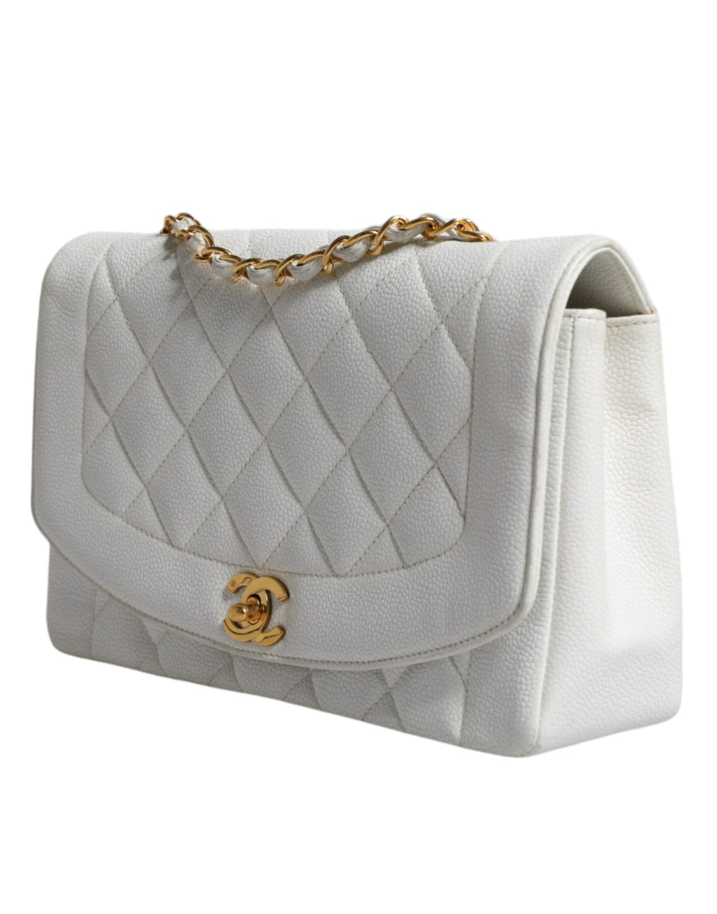 Sac à épaule Chanel White Medium Classic DIANA en cuir, pochette plaquée or