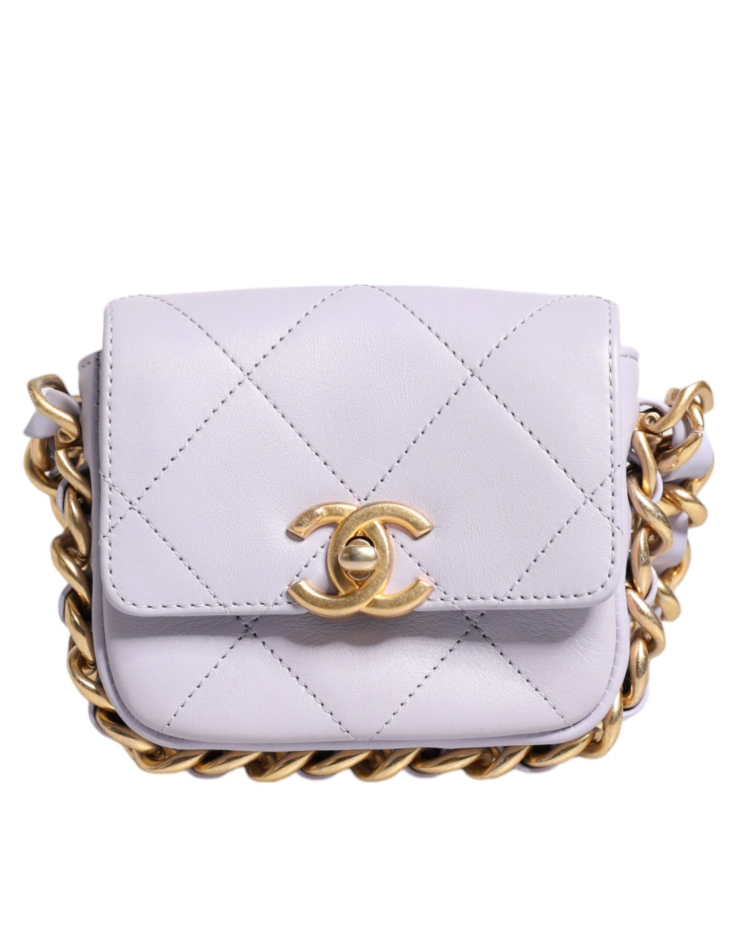 Sac à bandoulière mini en cuir de veau matelassé bleu Chanel avec chaîne de cadre.