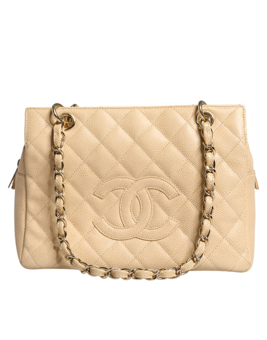 Sac à main en cuir caviar beige Chanel De Coco avec chaîne