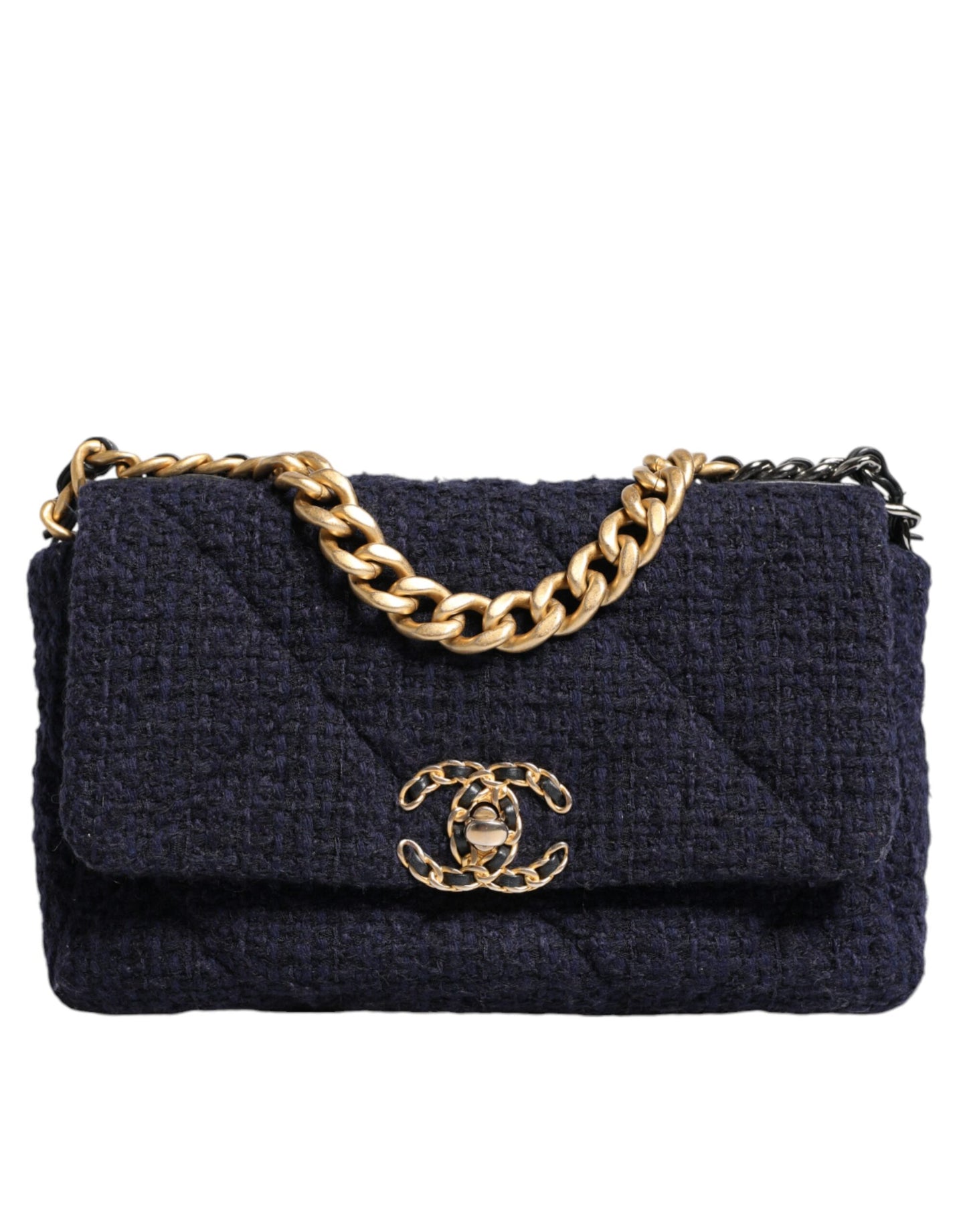 Sac à bandoulière Chanel Dark Blue Medium Flap Tweed CC Gold Gray Chain