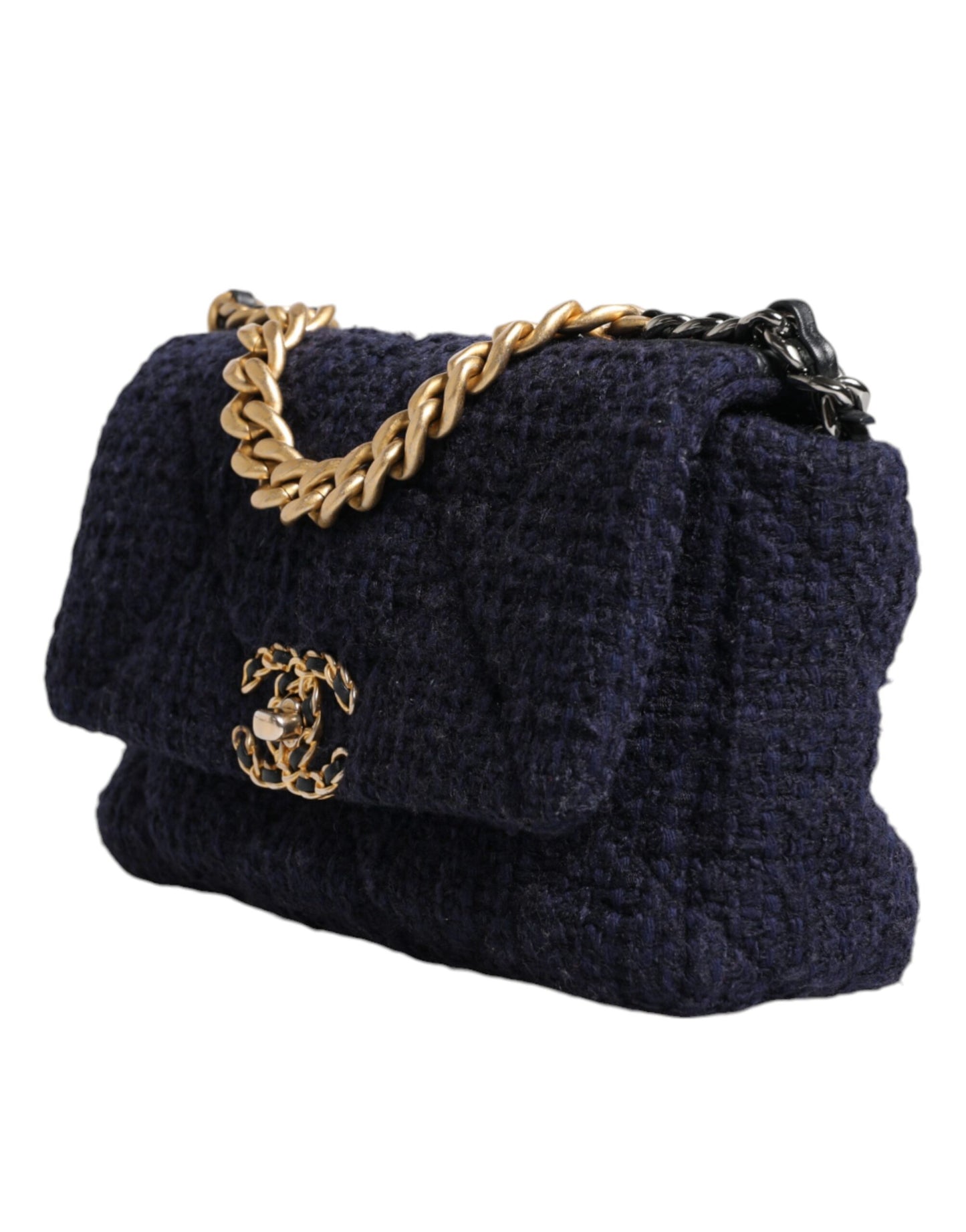 Sac à bandoulière Chanel Dark Blue Medium Flap Tweed CC Gold Gray Chain