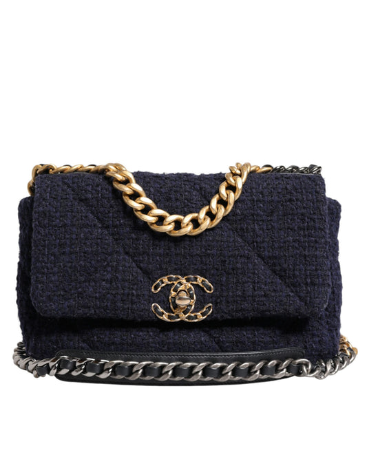 Sac à bandoulière Chanel Dark Blue Medium Flap Tweed CC Gold Gray Chain