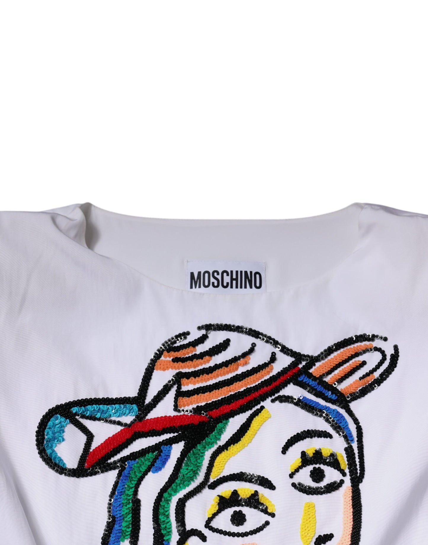 Moschino Couture – Weißes, bedrucktes Viskose-Etui-Minikleid