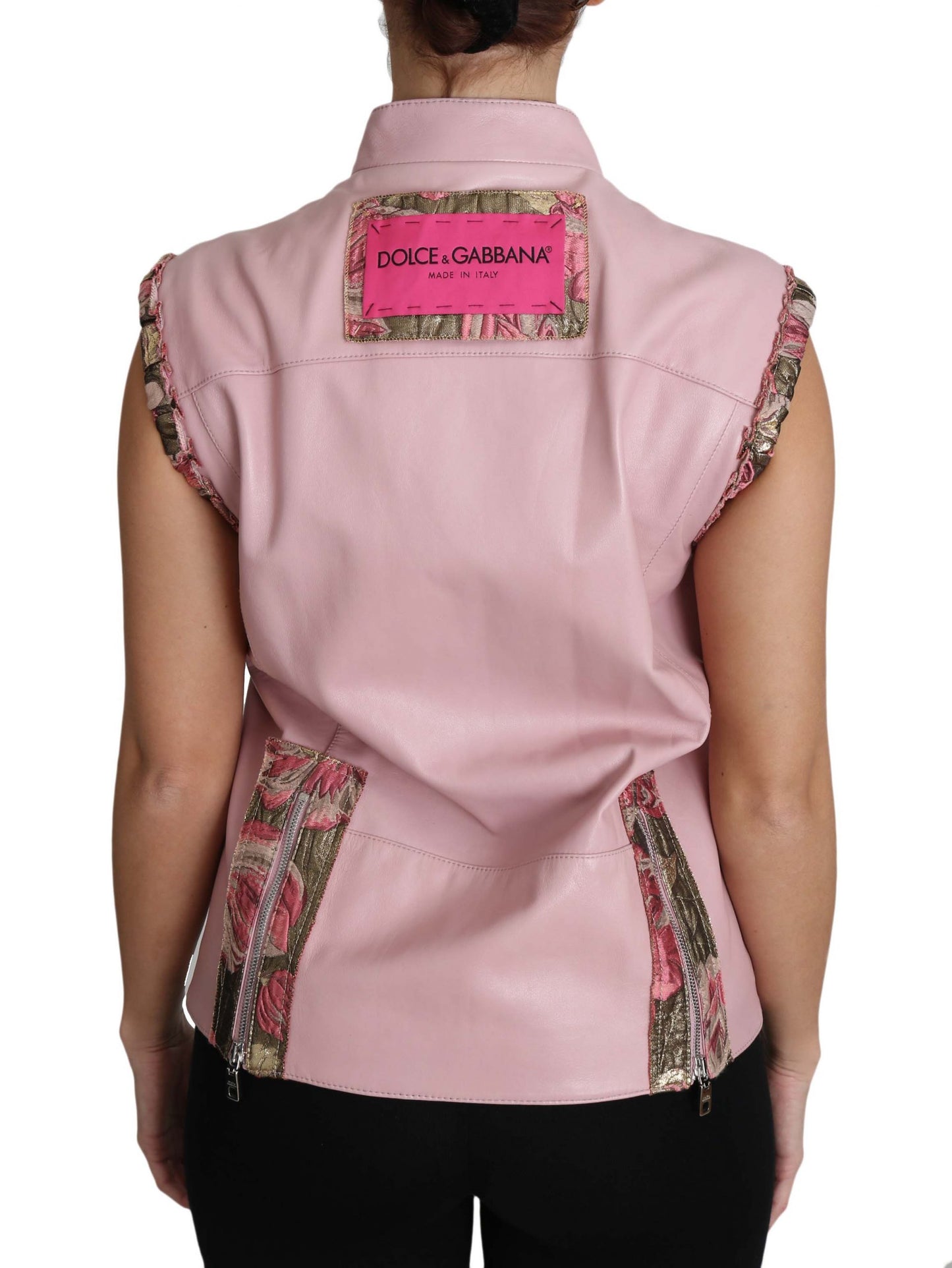 Chaqueta de cuero sin mangas de cordero con cremallera rosa